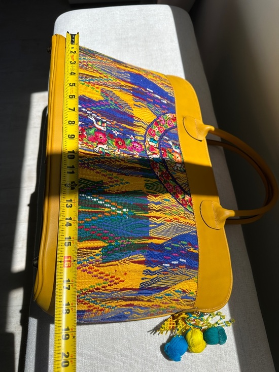 Guatemalan  leather and Embroidered Travel Tote Bag with Multicolor Panel - Picture 9 of 17
